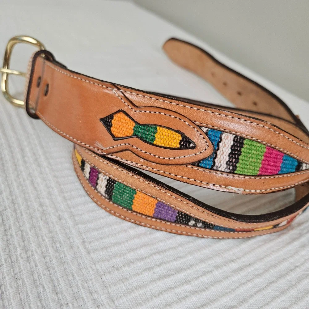 Nocona Multicolor Woven Inset Leather‎ Belt Sz 34 Tan Brown
